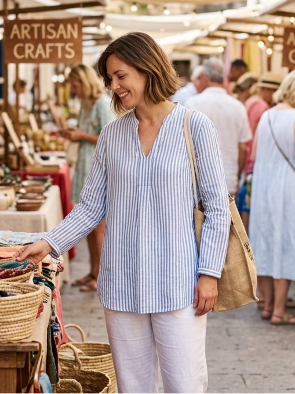 💙 L.L. Bean Blue and White Striped Women's Tunic Blouse 100% Linen